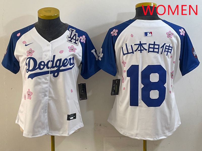 Women Los Angeles Dodgers 18 Yamamoto White Blue Sakura Edition 2025 Nike MLB Jersey style 14